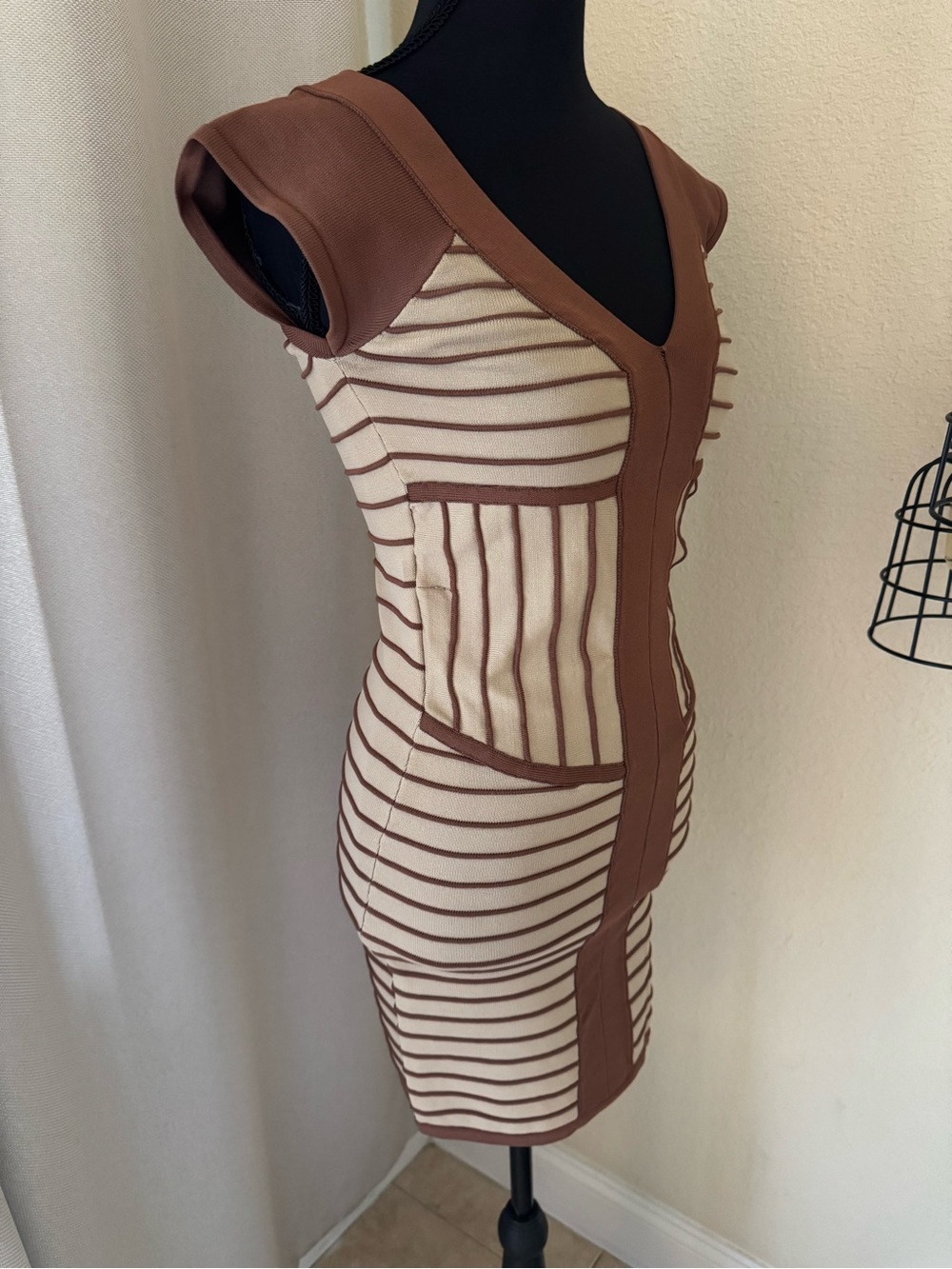 WOW Couture Brown Cream Striped Bodycon Knit Mini Dress S - Picture 5 of 10